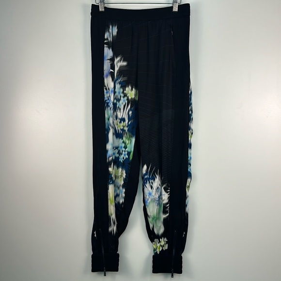 Elie Tahari Black Striped Floral Silk Pants Elastic Waistband Joggers - Picture 1 of 7